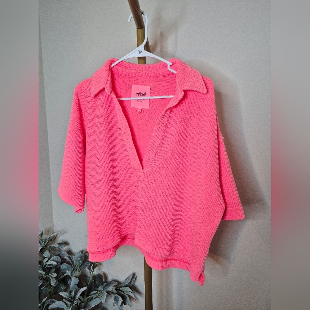 AERIE Wonder Short Sleeved Pink Polo Sweatshirt - Picture 2 of 4